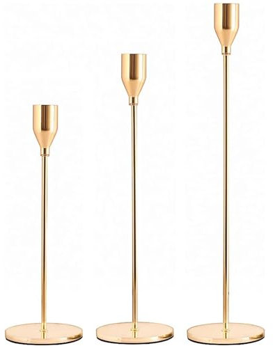 Juego de 3 candelabros para velas de varilla, repisa de chimenea de latón dorado, juego para velas de 3/4 pulgadas y LED, decoración moderna y elegante para bodas, fiestas, cenas, aniversarios