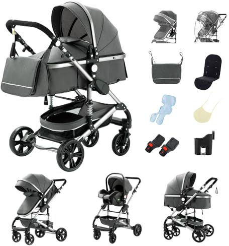 GLOKID Kinderwagen 3 in 1 Komplettset, Zusammenklappbar, Kompakt, 0-4 Jahre, bis 25 kg, Verstellbarer Baby Kinderwagen, Zubehör (H739 Grau)