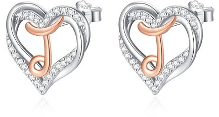 INFUSEU Letter Earring, 925 Sterling Silver J Stud Earrings Initial Small Earrings Rose Gold Heart Letter A-Z First Name Alphabet Initials Personalized Jewelry Gifts for Women Girls Ladies
