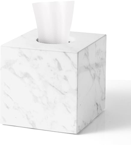 N NANSHOP NS021 Taschentuchbox-Halter, natürlicher Marmor, quadratischer Würfel-Tücherbox-Halter mit offenem Boden, für Badezimmer, Waschtisch, Schlafzimmer, Kommoden, Küchenarbeitsplatte, Marmorweiß