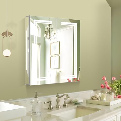 Janboe Medizinschrank mit Beleuchtung, beleuchteter Medikamentenschrank, 61 x 71 cm, 3 Farben und dimmbar, Nebel, Innenlicht, USB-Rasiersteckdose, Innentürbeleuchtung