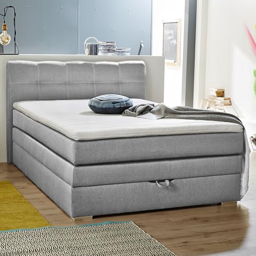 Riess Ambiente Modernes Boxspringbett Stockholm 140x200cm hellgrau Strukturstoff mit Bettkasten inkl. Topper Queensize Polsterbett Stauraum Jugendbett