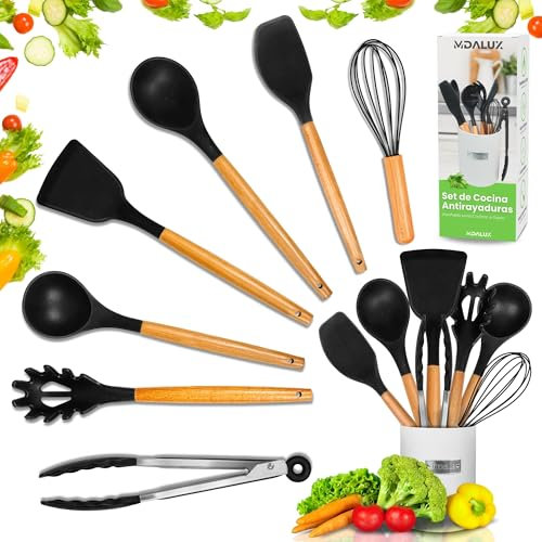 MDALUX® - Set 7 Utensilios de Cocina Silicona - Menaje de cocina sin BPA- Espátulas apto Inducción-Mangos Madera y Cubo Metálico-Resistente 220°C-Ideal Repostería y Sartén Antiadherente