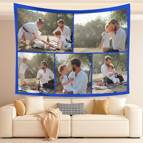 HDYFYP Wandteppich mit Eigenem Foto Name, Personalisierter Foto Collage Tapisserie Selber Gestalten Bedrucken Wandbehänge Wandtuch Geschenk für Schlafzimmer Wohnzimmer Weihnachten (5 Fotos)