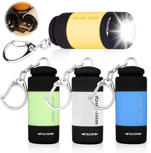 GOMETY 4 Stück Mini Taschenlampe Kinder, Mini Led Taschenlampe, USB Wiederaufladbare Silikonbeschichtung IPX8 Wasserdicht Taschenlampen mit Schlüsselbund für Camping,Outdoor (4)