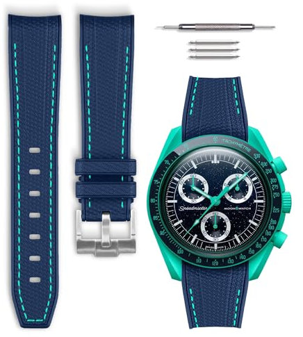 HORACE Omega x Swatch MoonSwatch compatible rubber watch strap 20mm (Blue - Cyan Stitching)