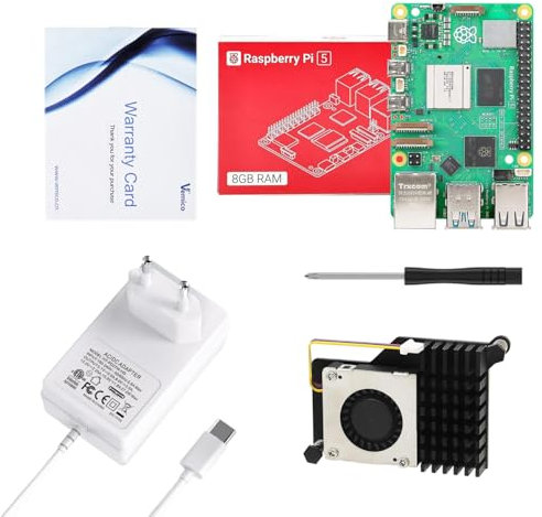 Vemico Raspberry Pi 5 8GB Kit mit Typ-C 5.1V 5A Weiße Netzteil Schwarz Aktivem Kühler Screwdriver Garantiekarte