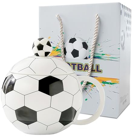 Fußball Tasse, Fußball Kaffeetasse mit deckel und Löffel, 400ML Fussball Keramik Becher, Fußball Geschenke für Männer Fußballfan Jungs Mädchen Geburtstag (Fußballbecher)