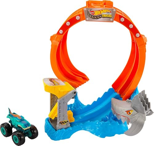 Hot Wheels Toy Monster Trucks Spielzeugbahn Set mit Korkenzieher und Mega-Wrex Fahrzeug im Maßstab 1:64, Loop-Warf, um Nemesis zu besiegen