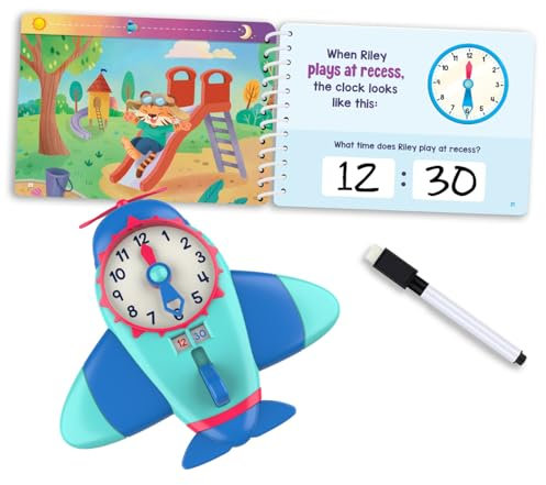 Learning Resources Time to Learn Uhrzeit-Set 1573, Ab 4 Jahren, Analog & Digital Lernen, Tägliche Routinen, Flugzeuguhr Mit Selbstkontrolle, Wipe-Clean-Buch Für Kinder