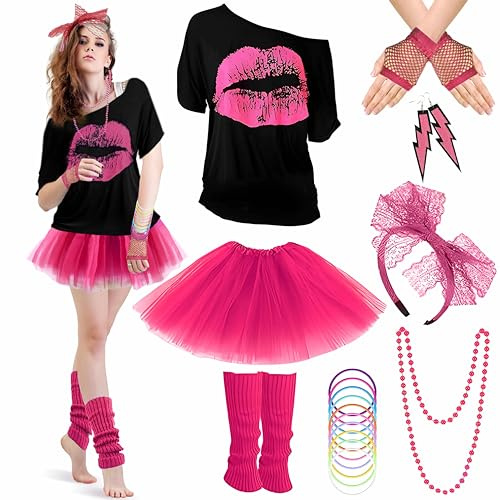 panemy Deguisement Annee 80 Femme, Tenue Des Années 80 et 90 pour Femme, t-Shirt, Tutu, Serre-Tête, Boucles d'Oreilles, Gants Résille, Jambières, Colliers, Deguisement Femme Annee 80 (Rouge, XL)