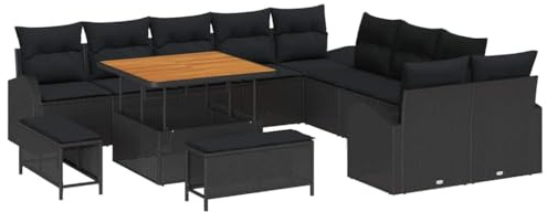 vidaXL Garten-Sofa-Set mit Kissen 13 pcs Schwarz Poly Rattan, Garten und Terrasse, modulare Möbel, verstellbare Füße, rechteckiges Sofa-Set für 13 Personen