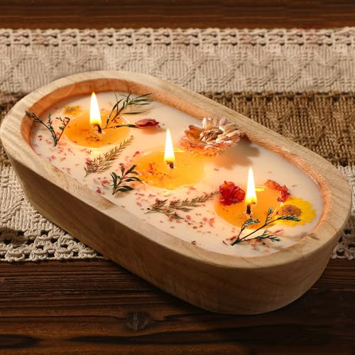 Conelist 9.45'' Large Botanical Scented Bowl Candle Gift for Women Dried Flowers Wooden Dough Bowl Soybean Wax Candles for Mother Day Baby Shower Birthday Gift Holiday Table Decor