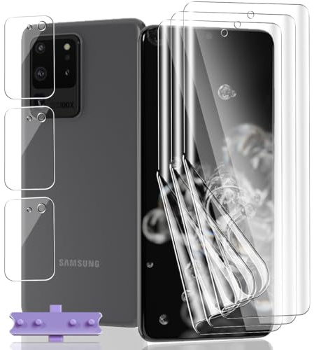 Jaavkkma 3 Pièces Protection D'écran Flexible pour Samsung Galaxy S20 Ultra + 3 Pièces Verre Trempé Protecteur Caméra, HD/Anti-Rayures, Protection Écran pour Galaxy S20 Ultra - Souple TPU Film