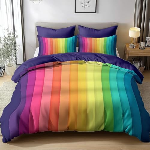 HATEGE Bettwäsche 135x200 4teilig Regenbogen, 3D Wendebettwäsche Bunte Streifen Microfaser Bettwäsche Set für Kinder 2 Bettbezug 135x200 cm mit 2 Kissenbezug 80x80 cm 4795-ABC