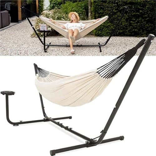 AVOID Hamaca 2 Personas con Portavasos – Beige – Incluye Base de Acero Sólida – Paño de algodón transpirable cómodo – Para interiores, jardín, balcón y piscina – Capacidad de carga máxima de 175 kg