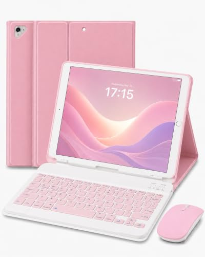 MAYPHY for iPad 9.7 Keyboard Case with Mouse, for 6th Generation 2018 /5th Gen 2017, Detachable Wireless Keyboard Case with Pencil Holder, Keyboard with Case for iPad Air 2/1, iPad Pro 9.7, Pink