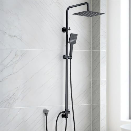 SunCleanse Regendusche ohne Armatur, Eckiger Duschkopf aus Edelstahl 25x25 cm, höhenverstellbar Duschstange von 75-110cm, Mit Hochdruck Handbrause, Duschsystem mit Messing-Umschaltventil, Schwarz