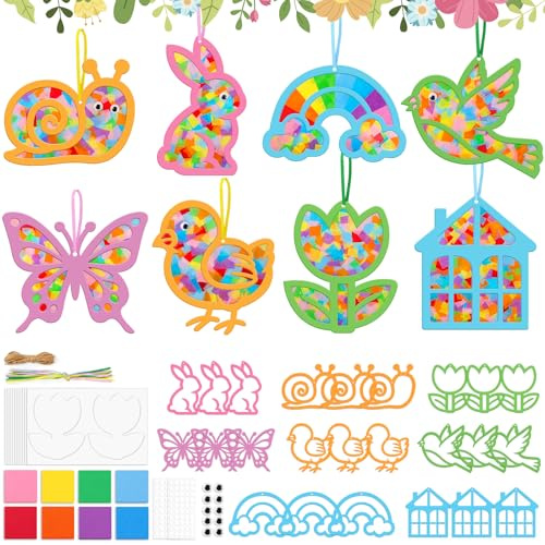 Fensterbilder Frühling,Ostern Basteln Kinder,Fensterdeko Vögel Blumen Schmetterlinge Hasen,Bastelset Frühlingsdeko Fensterbild,DIY Fensteraufkleber Selbstklebend,Fenster Sticker Anhänger Kinderzimmer