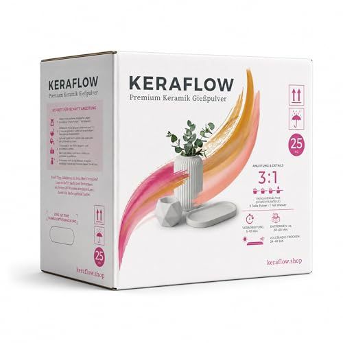 KERAFLOW Keramik Gießpulver Weiß 25kg – Feines Reliefgießpulver, lufthärtend & geruchlos, extra glatt für detailreiche Formen, ideal für Silikonformen, Deko, Kunst & Bastelprojekte
