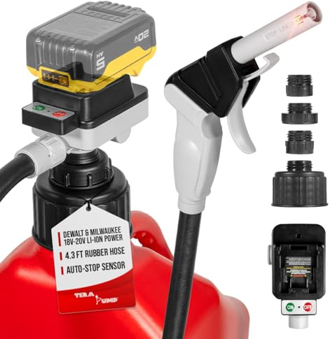 TERA PUMP Cordless Battery Powered Liquid Transfer Pump (4.0 GPM) | Compatible with DeWalt 20V & Milwaukee 18V Batteries, Automatic Shutoff Sensor, 51 Heavy-Duty Rubber Hose, 4 Adapters