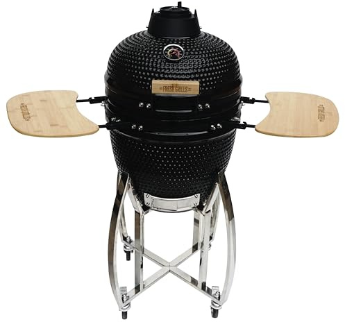 Parrilla Kamado Cerámica 46 cm (18”) Negra con Termómetro y Mesas Laterales – Barbacoa de Carbón Grande con Soporte de Hierro Fundido, Control de Temperatura, Incluye Funda y Utensilios