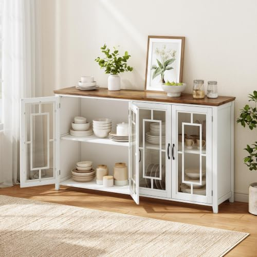 YuQozii Aparador de cocina de 160 cm de ancho con puertas de cristal, un espacioso compartimento de almacenamiento, una encimera con aspecto de madera y un dispositivo antivuelco. Este moderno