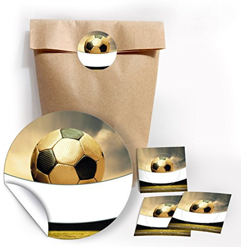 12 Geschenktüten/natur + 12 Aufkleber Fußball für Geschenke Mitgebseln beim Kindergeburtstag/Papierbeutel für Gastgeschenk mit Sticker