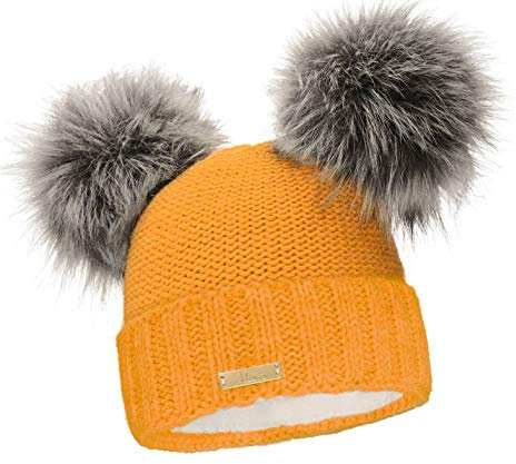 Mikos * Damen Wurm Winter Beanie Strickmütze Gefüttert Skimütze Wintermütze mit Zwei Pom Pom Mütze mit Zwei Bommeln Slouch Beanie Damen - Bommelmütze (689) (Curry)