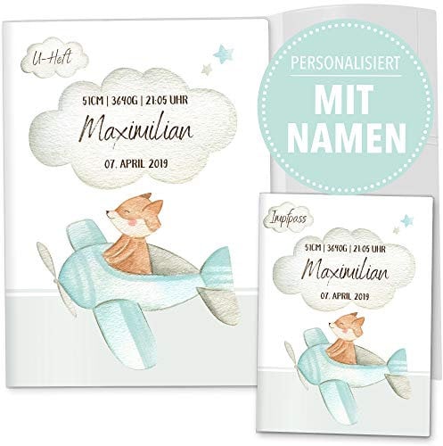 OLGS U-Heft und Impfpass Hüllen 3-teiliges Set Wolken Flugzeug | Untersuchungsheft Hülle & Impfpasshülle, Geschenkidee mit Namen (U-Heft Set 3-teilig personalisiert, Fuchs Flugzeug)