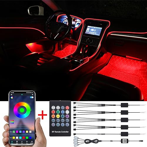 TABEN Kit d'éclairage ambiant de Voiture, 6 mètres de Fibre Optique intégrée Multicolore Footwell Éclairage Music Sync Sound Fonction de mémoire Active Télécommande et contrôle APP Bluetooth 12V-24V