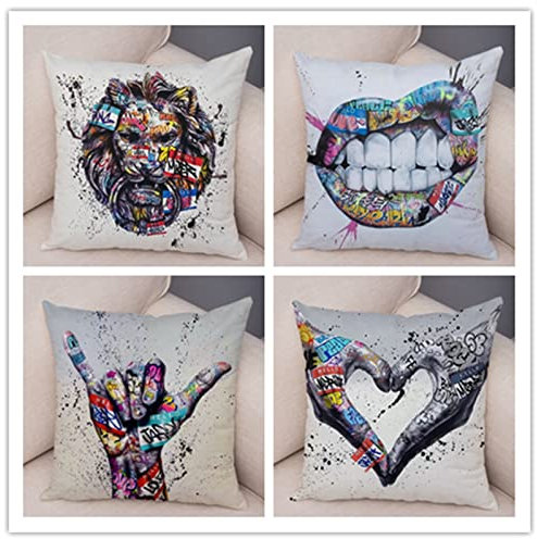 4er Set Kissenbezug 65x65cm Bunte Graffiti Dekokissen Kissenbezüge Sofakissen Leinen Kissenhülle Couch kissen mit verdecktem Reißverschluss Modern Zierkissen kissenhülle für Wohnzimmer Sofa Auto