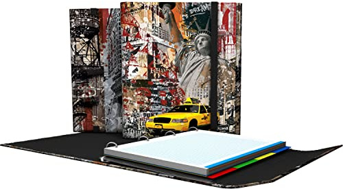 Grafoplas 88212646 Ordner mit 4 Ringen mit Klappe, A4, Gummizugverschluss, inklusive Nachfüllung und Trennblättern, Ordner, Kollektion Grunge Cities, New York