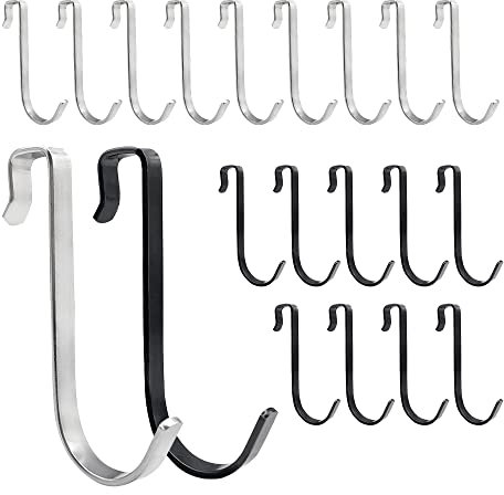 HLIWS Duschwand Haken-20 Stück 10mm Türhaken zum Einhängen,S Haken,haken für duschwand,für Duschabzieher Handtücher Bademäntel(10 schwarz,10 silber)