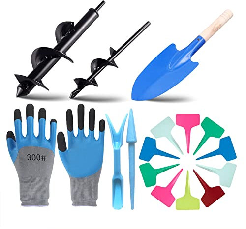 Garden Auger Steel Drill Bit: YOYIAG 2 PCS Wooden Handle Garden Auger Spiral Drill Bit,Bulb Planting Auger Drive Drill Solid Shaft for Planting, Hole Digger,with Glove/Seedling/Plant Card Inserter