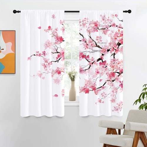 Kikiry Vorhänge mit rosa Kirschen, 106,7 x 160 cm (B x L), niedliche Blumenblüte, japanisches Mädchen, hübsches Blumenmuster, asiatische Stangentasche, Wohnzimmer, Schlafzimmer, Fenstervorhänge
