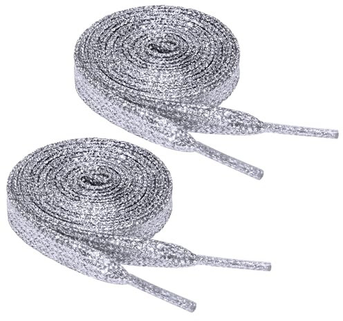 Flintronic Glitter Shoelaces 2 Pairs, Shiny Flat Shoe Laces, Sparkling 1.4m*10mm Replacement for Sneakers, Canvas Shoes, Rope Laces Fit Kids-Adults/Silver