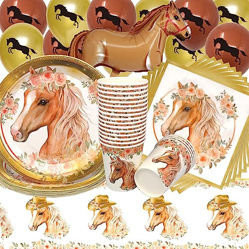 Doyomtoy Vaisselle de Fête Anniversaire Chevaux, 74 Pièces Vaisselle Papier Set Assiettes en Papier Serviettes Tasses pour Fête à Thème Chevaux Décorations Fête d'anniversaire
