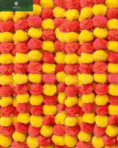 ABHAAS Künstliche Ringelblumen-Girlanden für Dekoration, lange Pooja-Zimmer, Toran, indischer Genda-Phool für Hochzeit & Festivals, Diwali-Pongal (orange+gelb)/1,2 m/5 Stück
