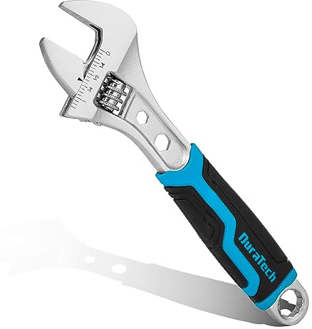 DURATECH 8 Inch Adjustable Wrench, 3-in-1 Spanner with Box End/Hex Function, CR-V Steel, Metric & SAE Scales, Chrome-plated, Bi-material soft Grip