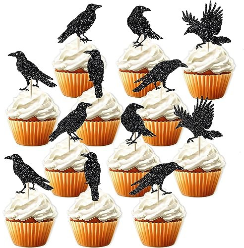 VIKY® 12 Stück Halloween Cupcake Toppers Set,Krähen Cupcake Topper,Halloween Party Kuchen Deko,Halloween Tortendeko Muffin Dessert Deko,Halloween Cupcake Dekoration,Halloween Deko Motto Partyzubehör