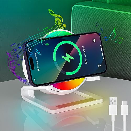 Night Lights Music Speaker, Bedside Lamp with 15W Wireless Charger, Dimmable LED Table Lamp Warm White, Multi-Colored Atmosphere Light For Home, Multifunction Phone Holder Stand