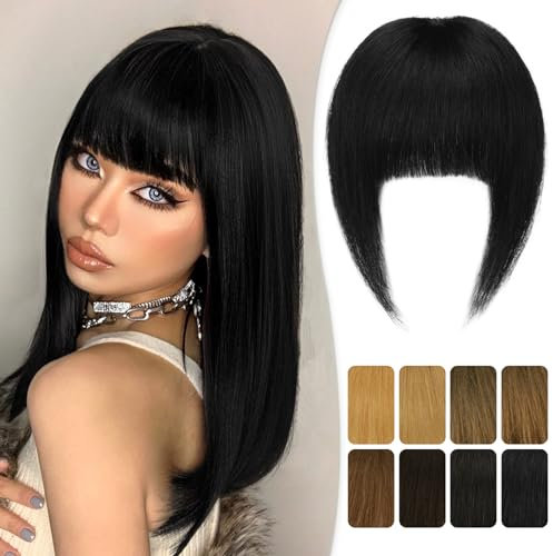 RUWISS Clip in Pony 100% Haarteil Echthaar Clip in Bangs mit Schläfen Remy Echthaar Fringe Dickes Bangs für Frauen Pony Extension Echthaar für Damen(Natürliches Schwarz)