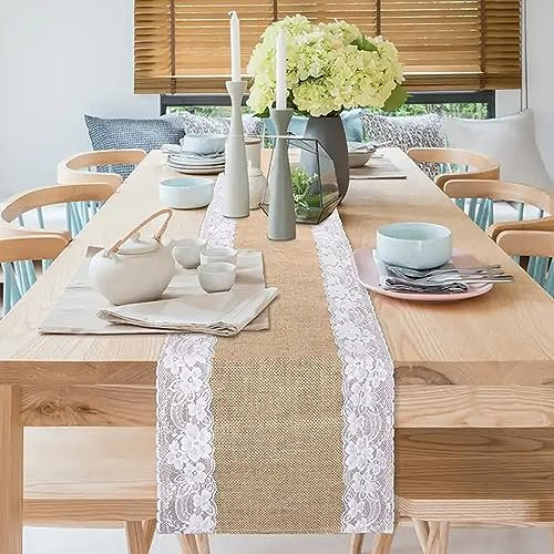 Chemin de table style ferme - 10 m (L) x 30 cm (l) - Vintage - En coton et lin - Style bohème - Avec dentelle - Pour fête, salle à manger, table à dessert