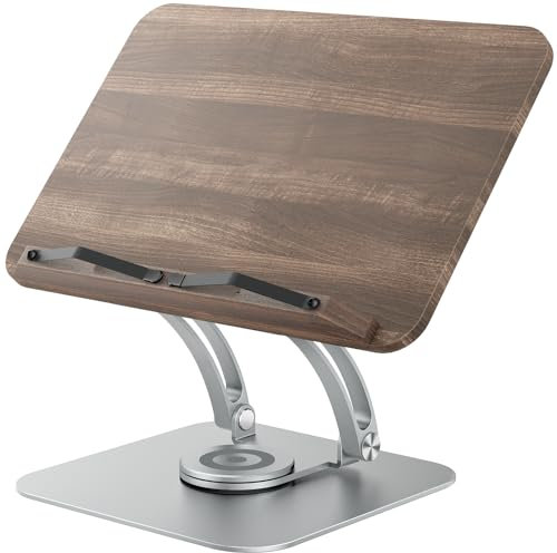 Tounee Book Stand for Reading, Adjustable Book Holder with 360° Swivel Base, Foldable Cookbook Stand Recipe Book Holder with Elastic Page Clips for Music Scores, Recipe, Magazines, Laptop - Silver