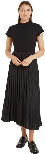 Tommy Hilfiger Damen Kleid Midi Dress mit Plissee, Schwarz (Black), L