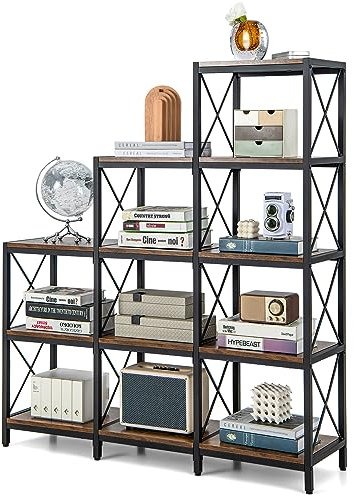 COSTWAY Estantería escalonada, Estructura de Acero al Carbono, estanteria de 9 Cubos, Librería Abierta de 12 Estantes, Marrón Industrial, 115 x 30 x 130 cm, Oficina/Sala de Estar/Dormitorio