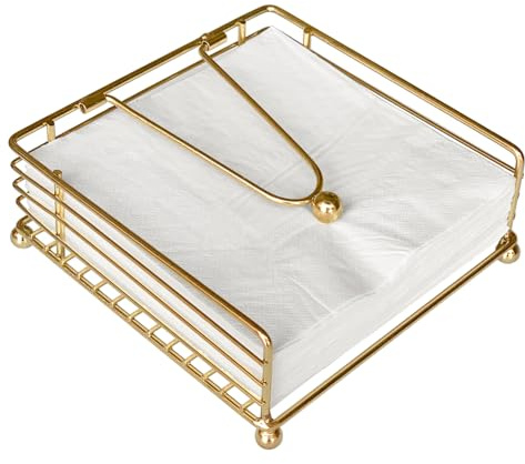 hiwafifi Napkin Holder for Table, Flat Napkin Dispenser with Weighted Arm, Square Cocktail Paper Holder of Elegant Rustic Iron for Kitchen Dining Room Decor Restaurant Farmhouse Hotel Party, Gold