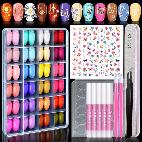 Press On Nails, MORGLES 24 Colors/720 Pcs Medium Coffin Fake Nails with Glue, Emery Board, Tabs, Stickers & Tweezer for Women, Girls