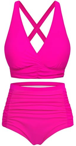 Svanco Costume da Bagno Due Pezzi Donna Top Bikini Incrociato Slip A Vita Alta E Increspato Set Bikini Push Up Donne Costumi da Bagno Rosa M